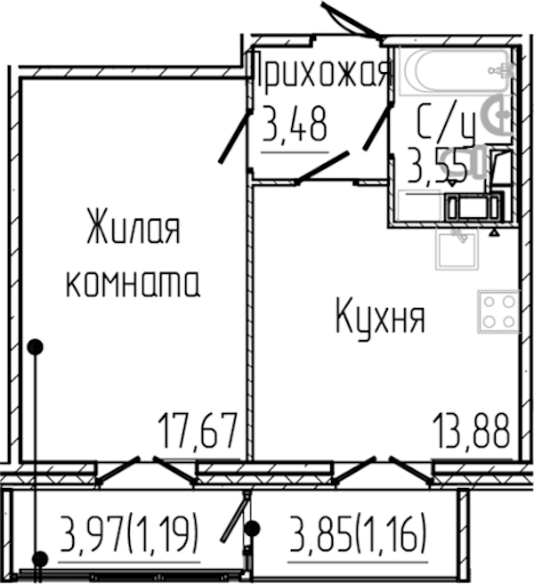 1-комнатная квартира 40.93 м², 3/8 эт., ЖК «SERTOLOVO PARK»